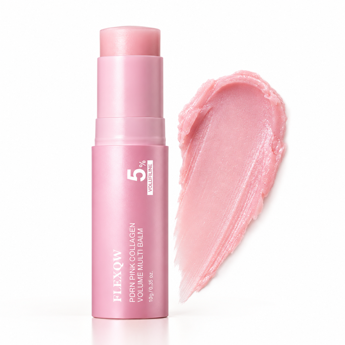 Presentación de bálsamo facial en barra PDRN y colágeno con textura rosa hidratante sobre fondo blanco - Andelika Shop